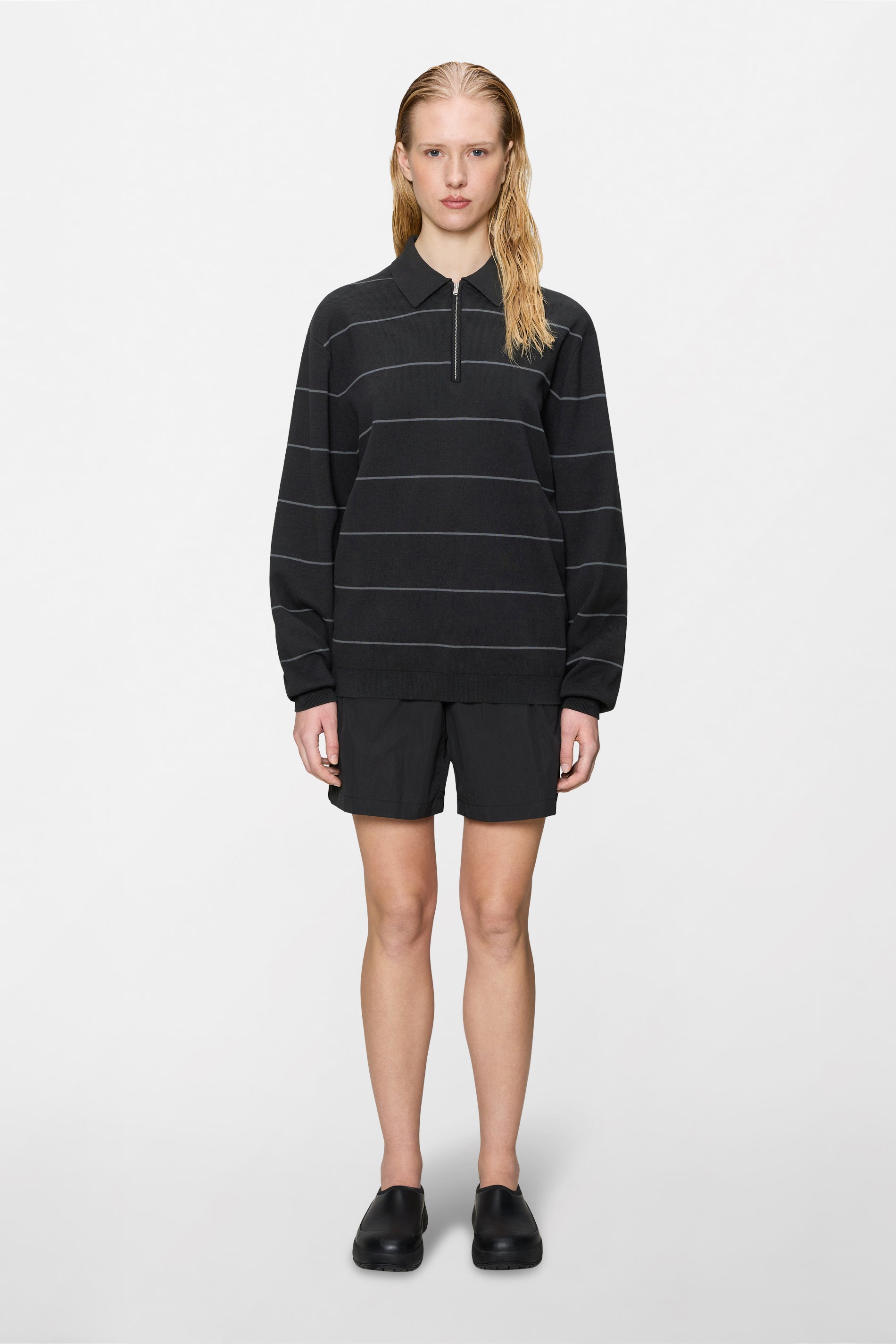 RAINS Striped Knit Long Sleeve Polo Black Long Sleeve