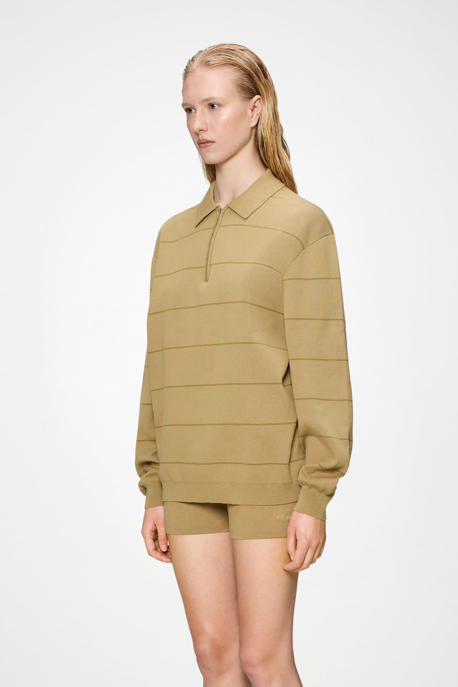 RAINS Striped Knit Long Sleeve Polo Fawn Long Sleeve