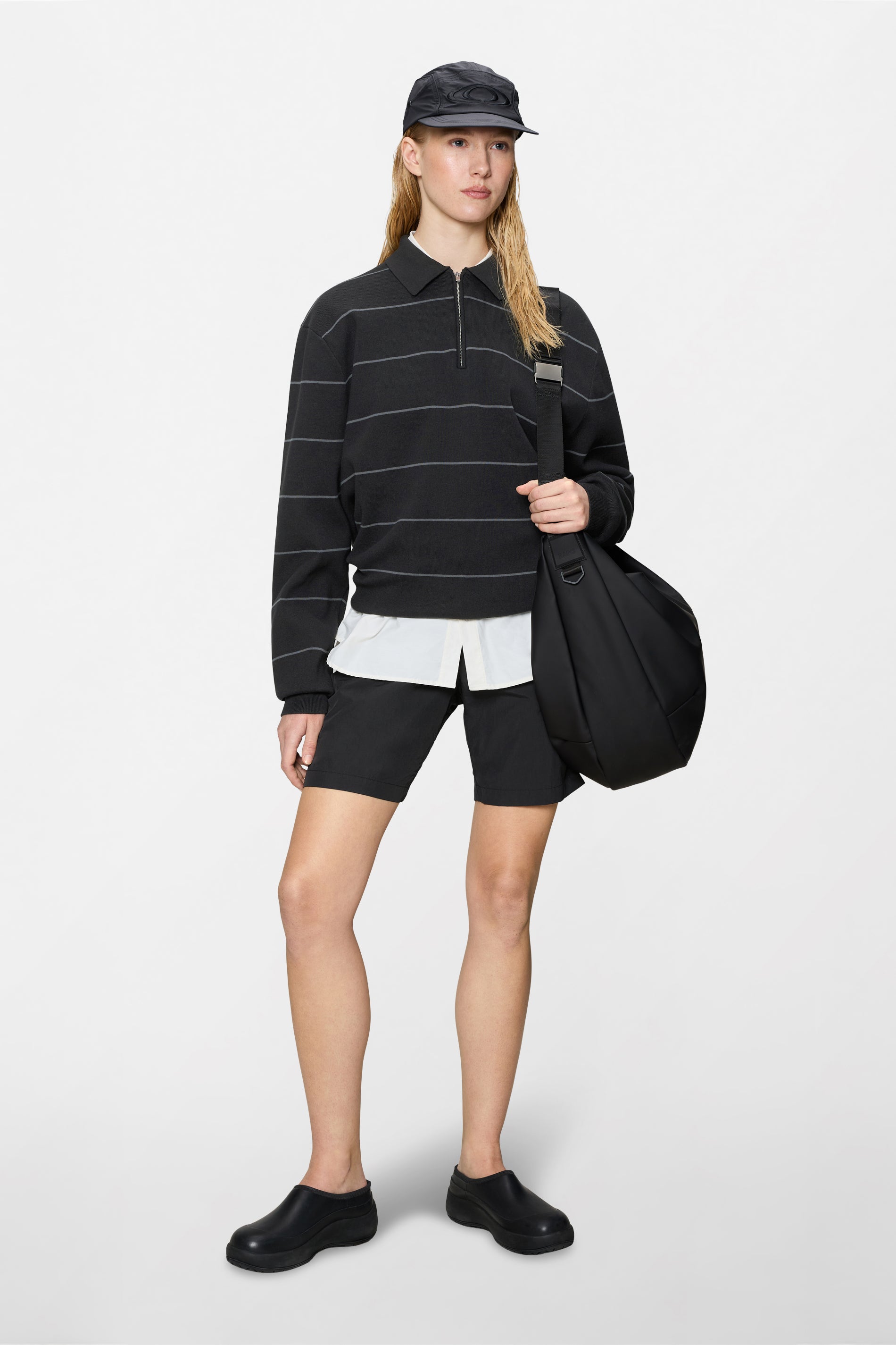 RAINS Striped Knit Long Sleeve Polo Black Long Sleeve