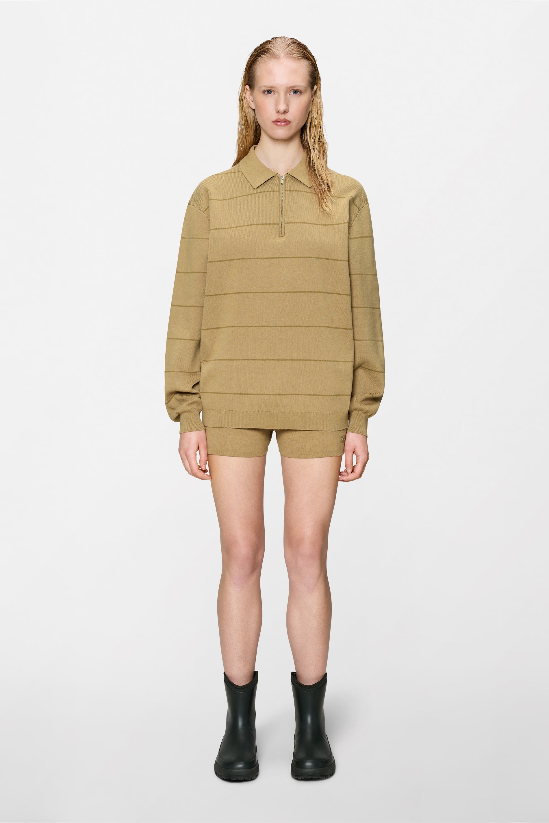 RAINS Striped Knit Long Sleeve Polo Fawn Long Sleeve