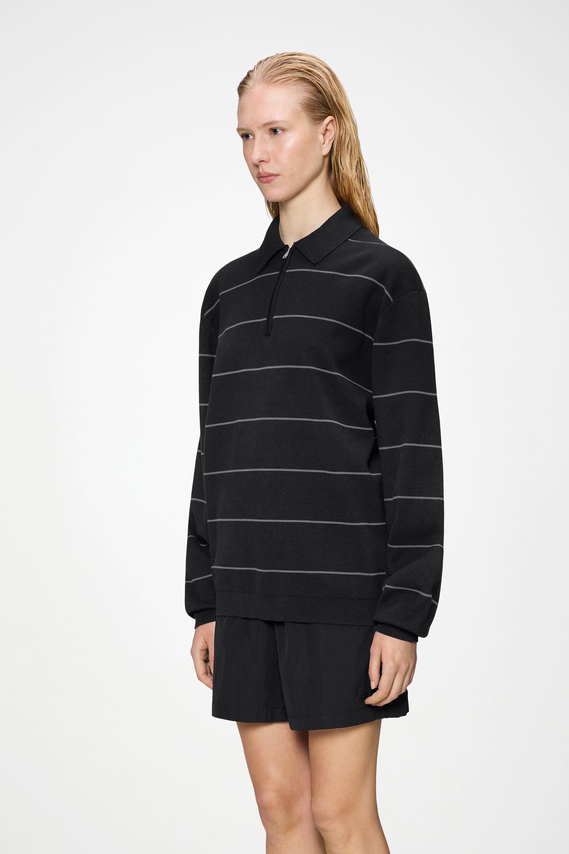 RAINS Striped Knit Long Sleeve Polo Black Long Sleeve