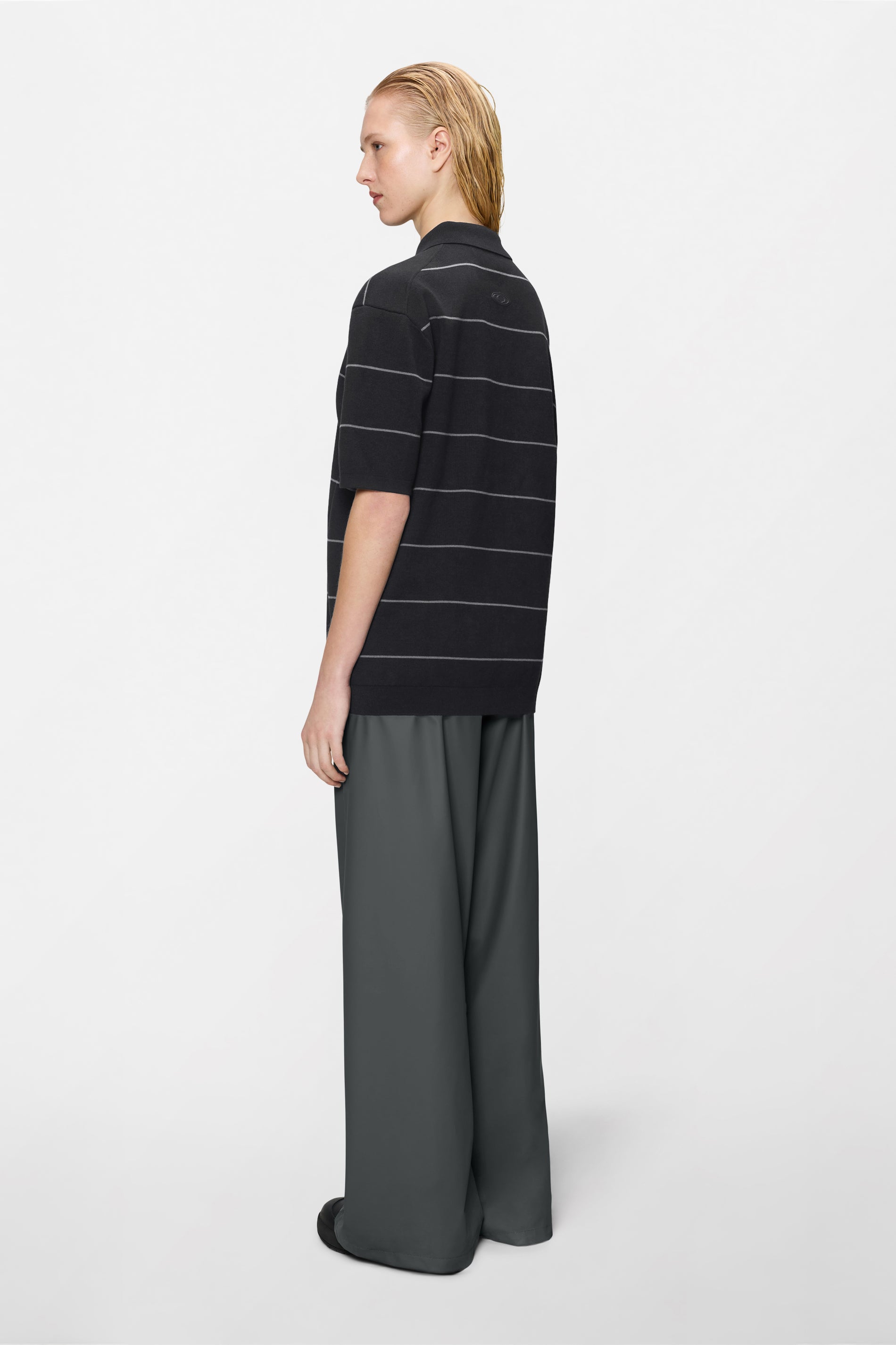 RAINS Striped Knit Polo Black Short Sleeve