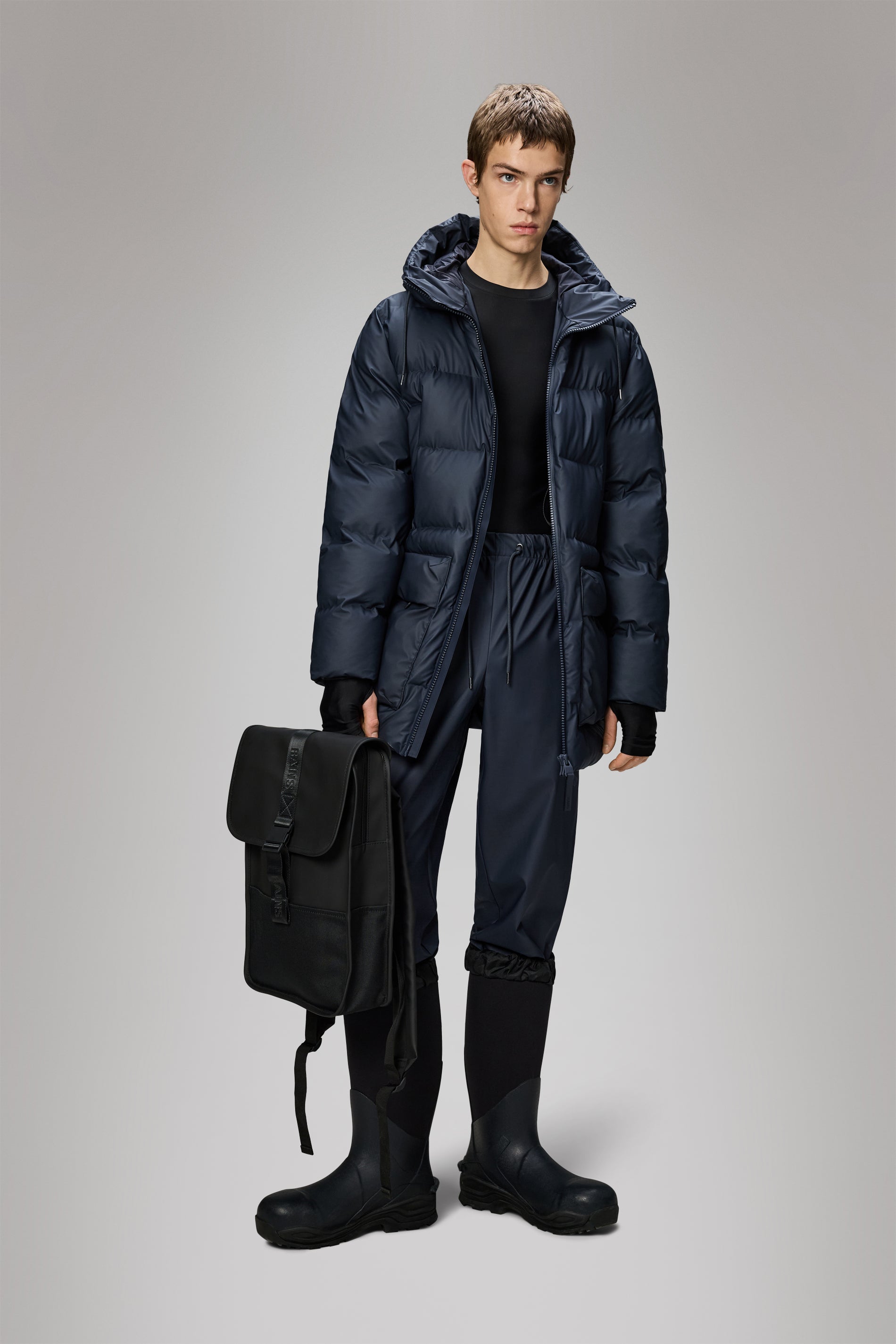 Rains Alta Long Puffer Cargo Jacket Navy Jacket