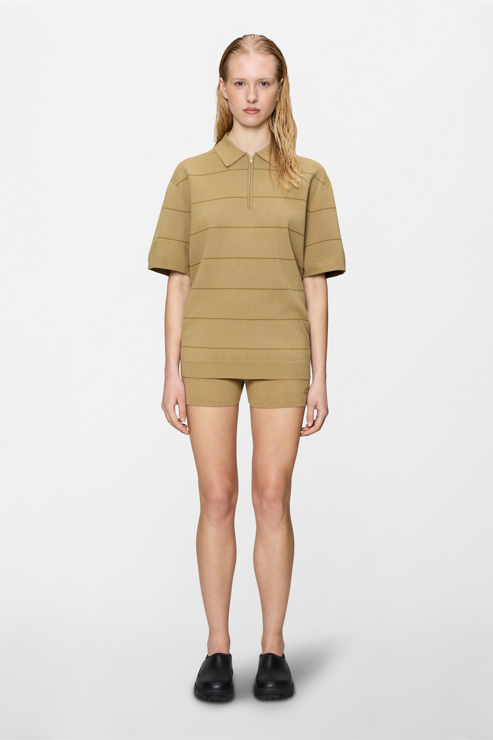 RAINS Striped Knit Polo Fawn Short Sleeve