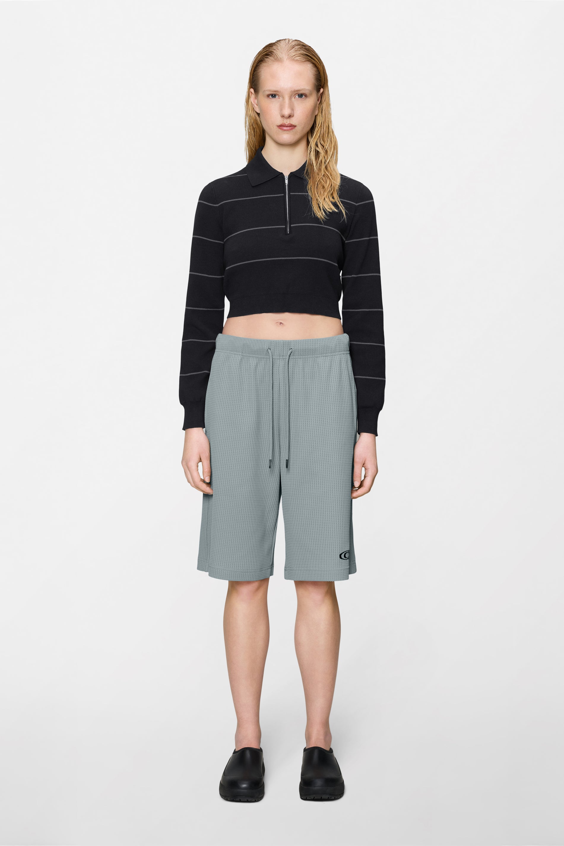 RAINS Striped Knit W Long Sleeve Polo Black Long Sleeve