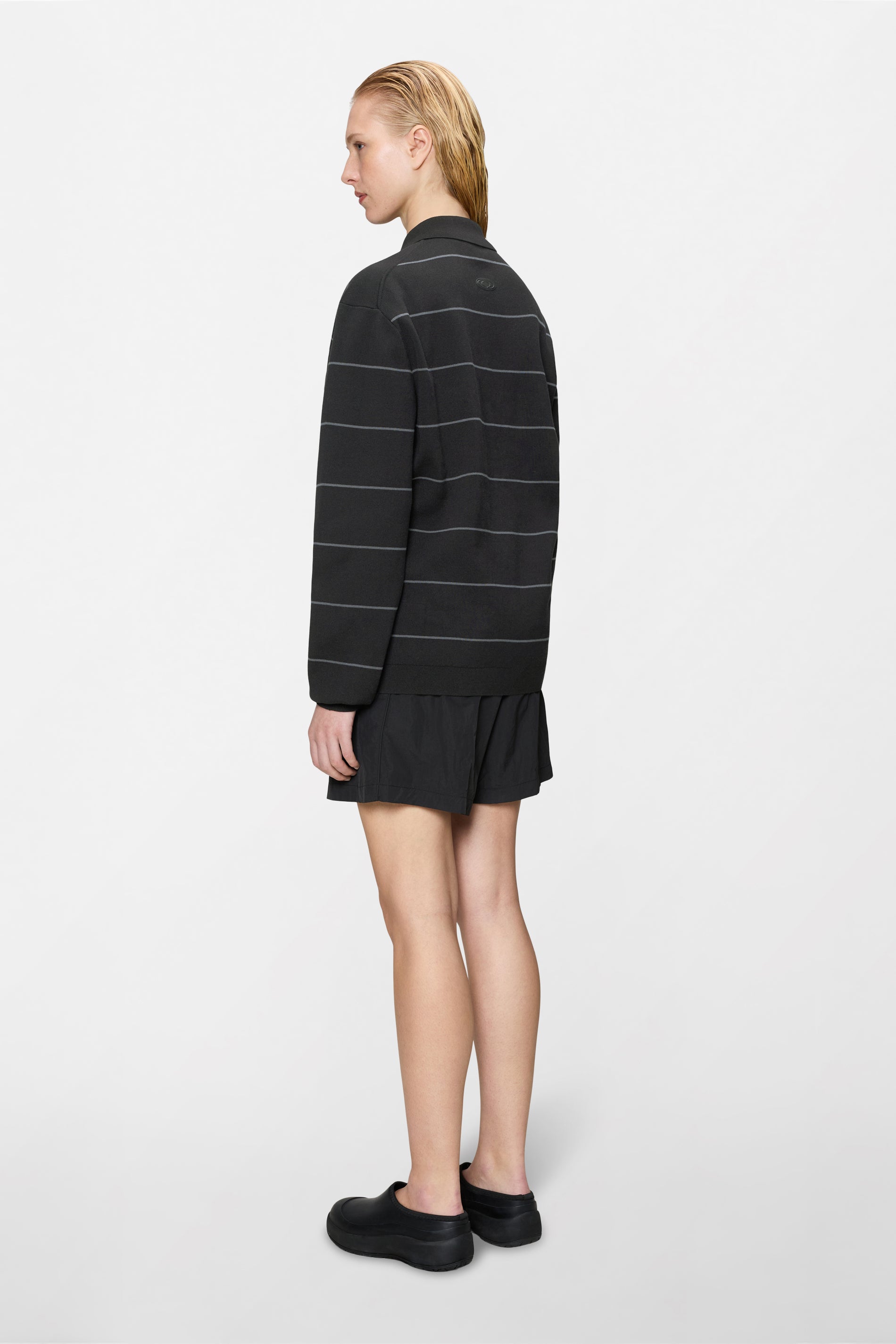 RAINS Striped Knit Long Sleeve Polo Black Long Sleeve