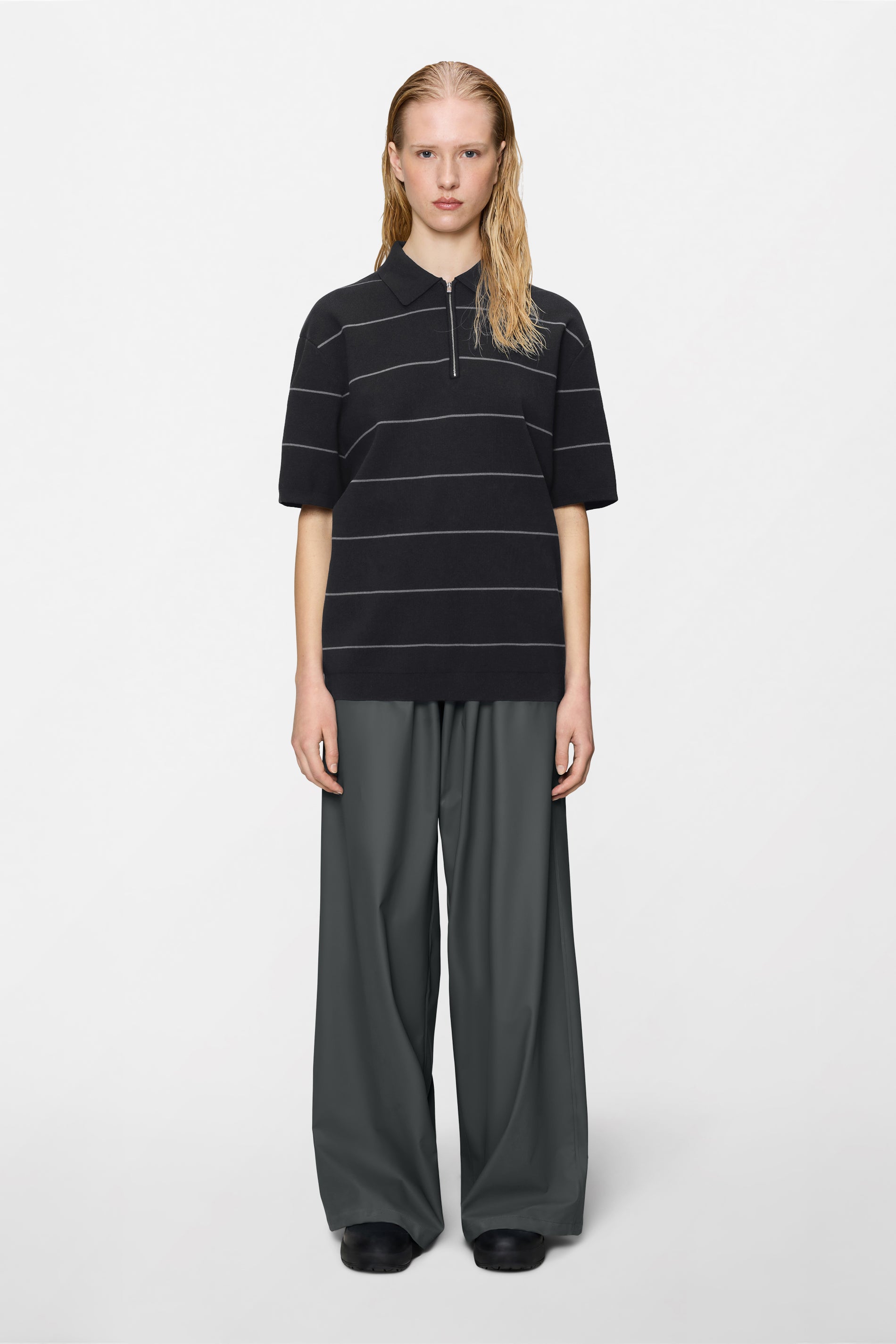 RAINS Striped Knit Polo Black Short Sleeve