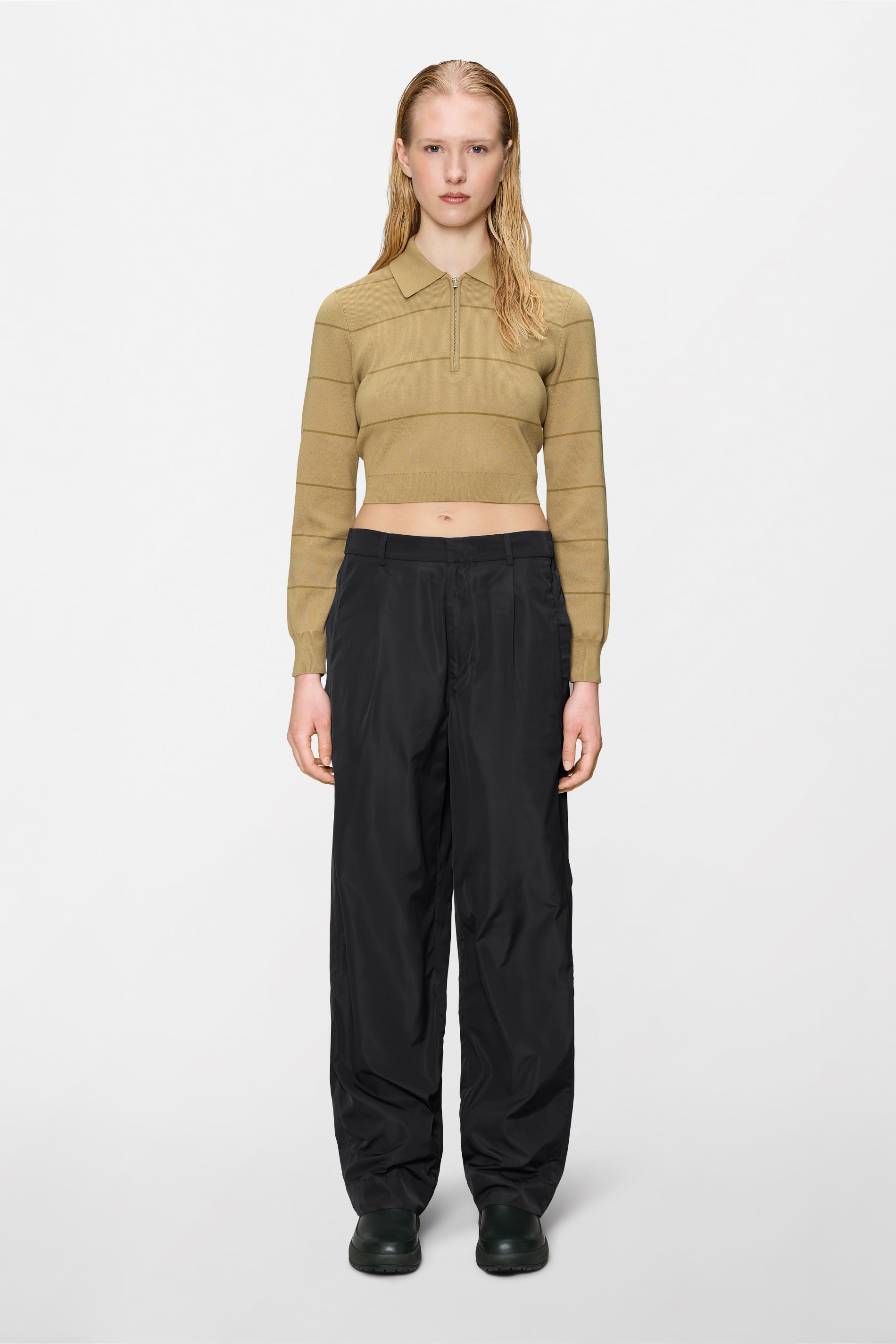 RAINS Striped Knit W Long Sleeve Polo Fawn Long Sleeve