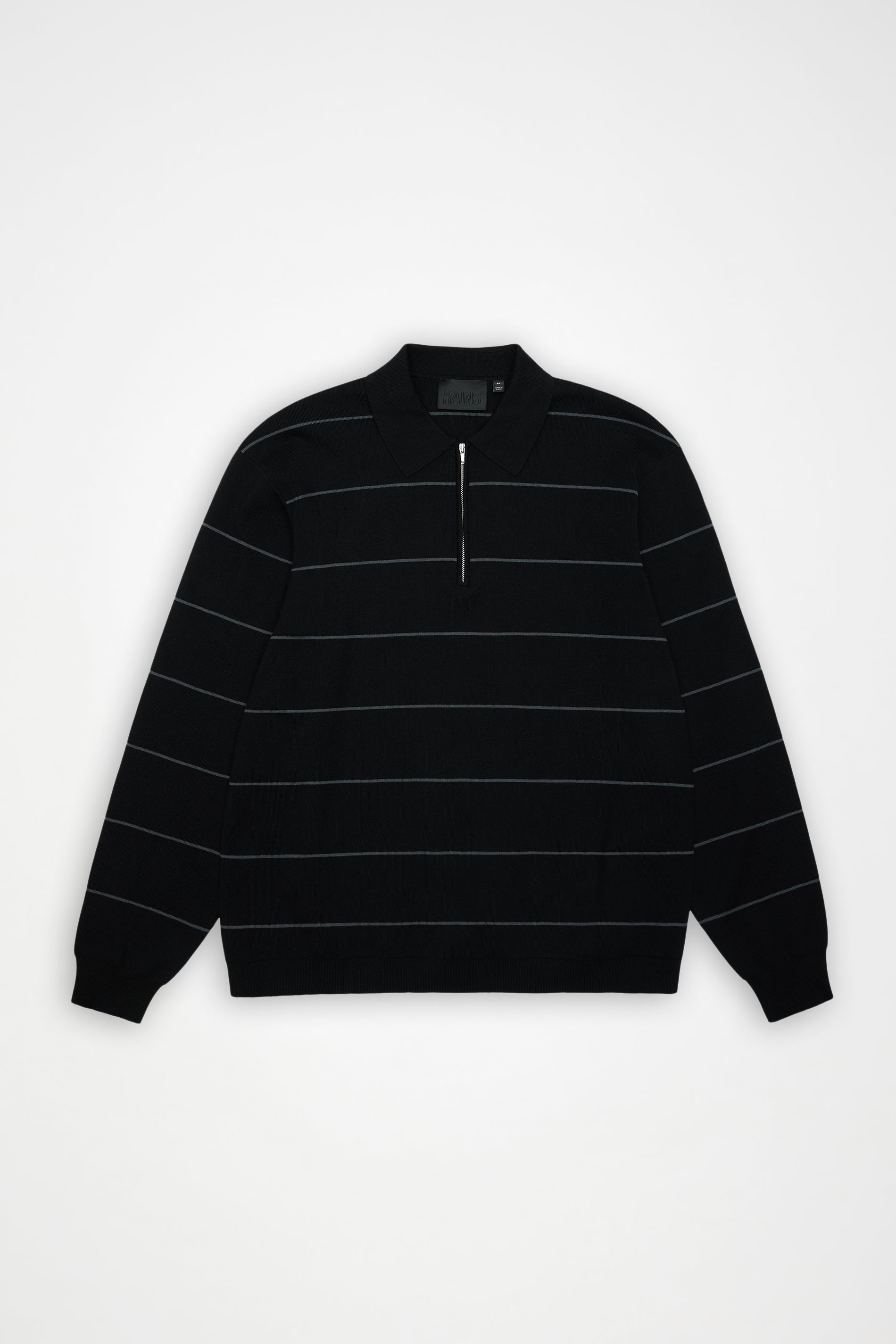 RAINS Striped Knit Long Sleeve Polo Black Long Sleeve