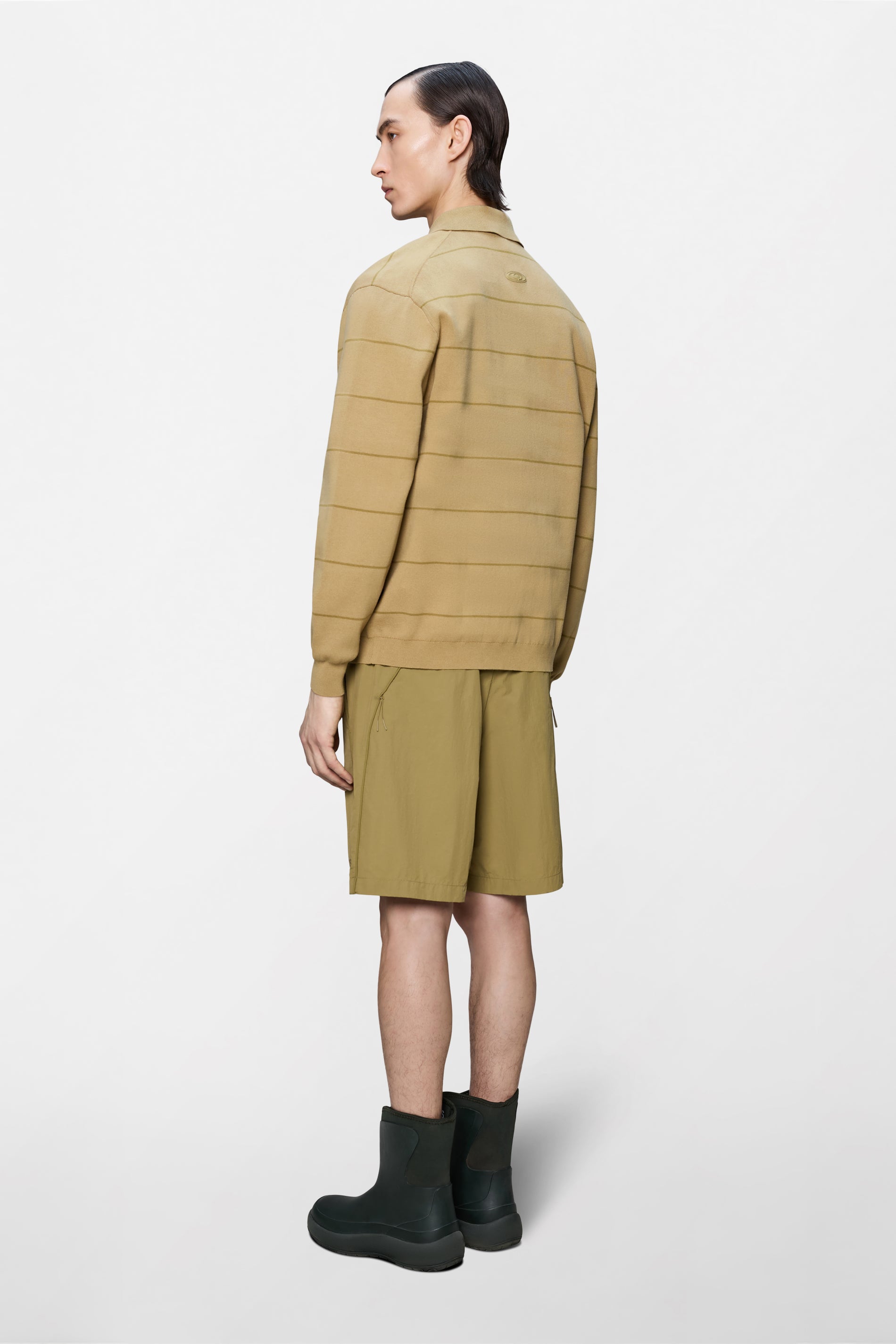 RAINS Striped Knit Long Sleeve Polo Fawn Long Sleeve