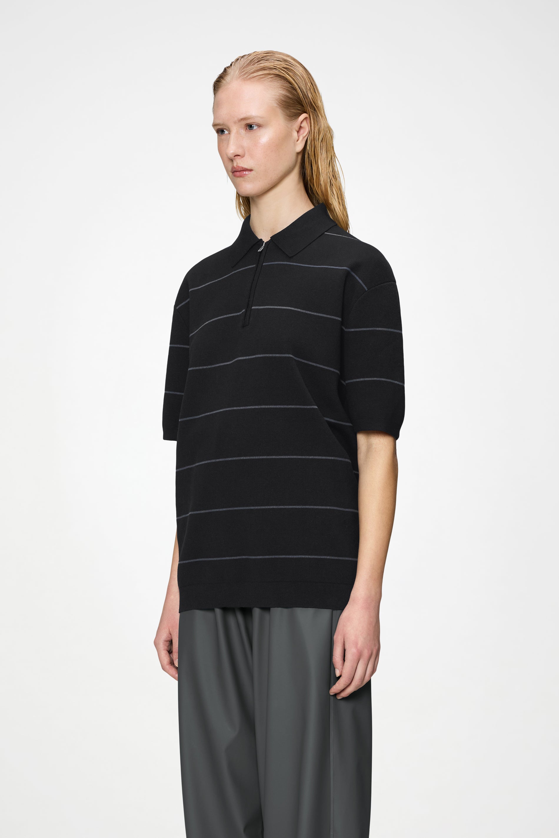 RAINS Striped Knit Polo Black Short Sleeve
