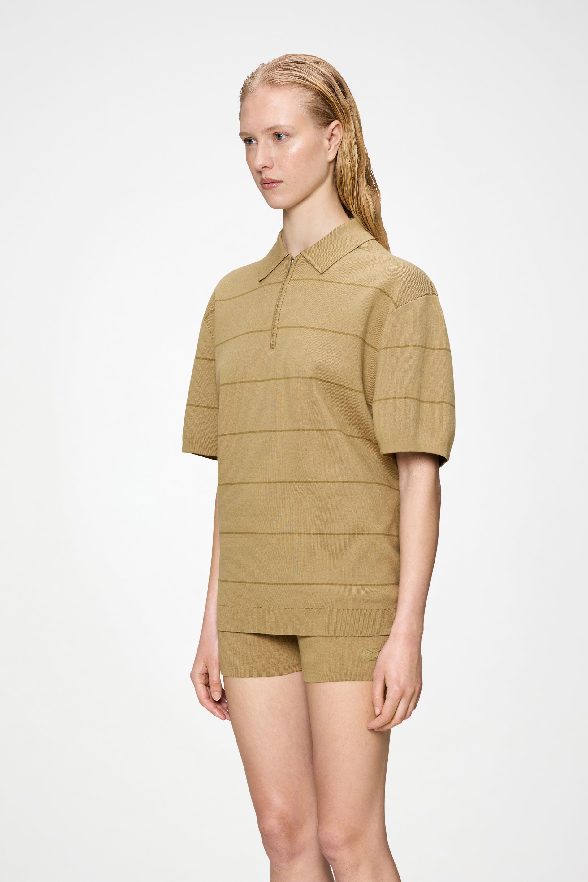 RAINS Striped Knit Polo Fawn Short Sleeve