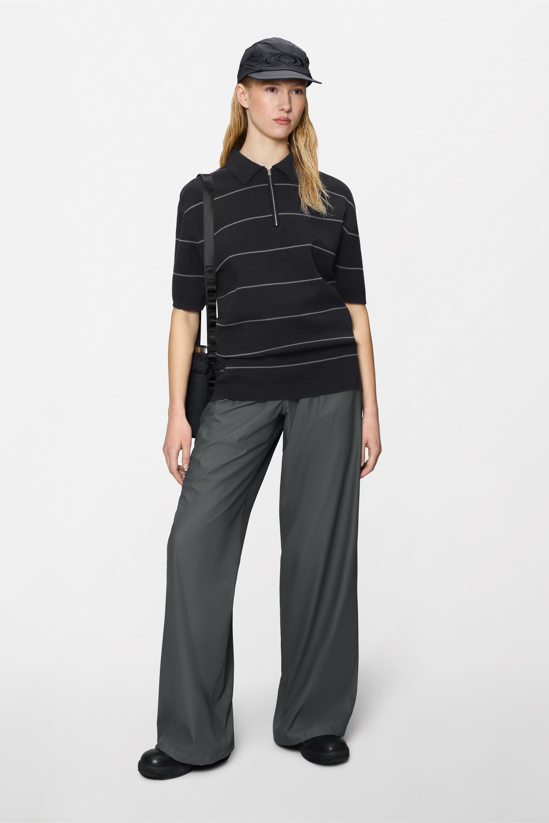 RAINS Striped Knit Polo Black Short Sleeve